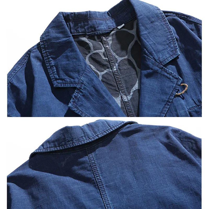 Men Denim Suit Jacket Japanese Streetwear Fashion Loose Casual Vintage Pure Cotton Blazers Coat Outerwear