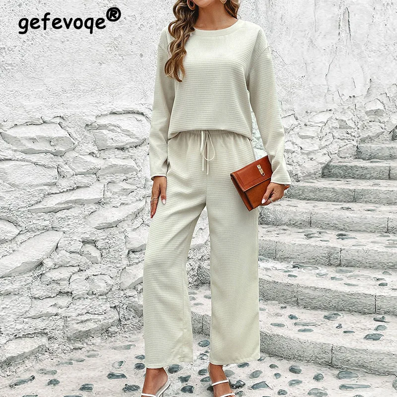 Spring Autumn Round Neck Loose Casual Sweatshirt Pants Set Ladies Solid Color Fashion Simple Top Trousers Suit Women's Clothing max lulu 2022 spring korean fashion ladies patchwork denim trousers women vintage ripped jeans loose elastic casual harem pants