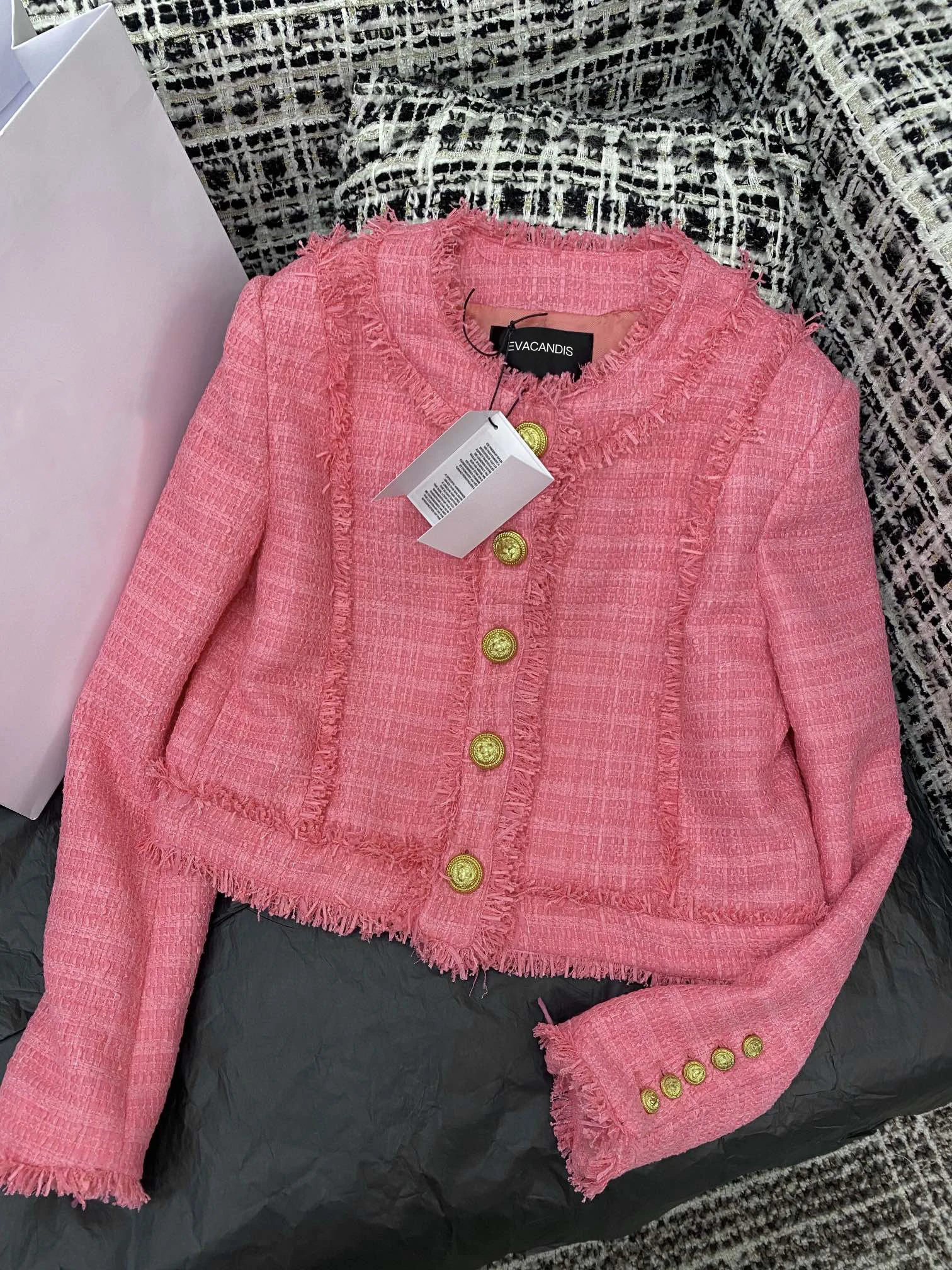 

2024 Women New High Quality Luxury Chic Tops Autumn Winter Pink Handmade Weave Tassel Coat Solid Elegant Sweet Single Breasted