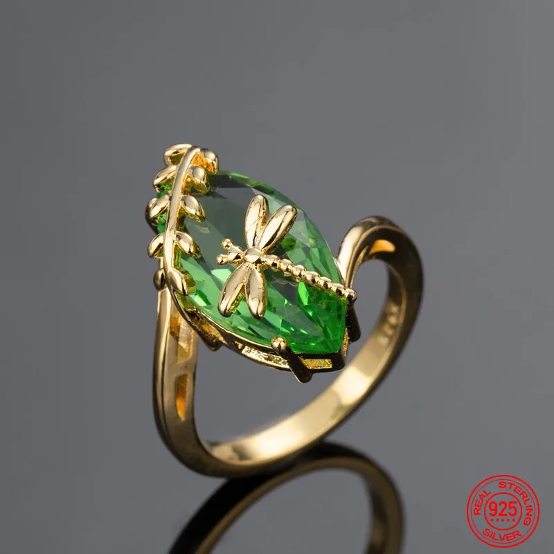 

925 Silver Green Gemstone Dragonfly Rings For Women Wedding Jewelry