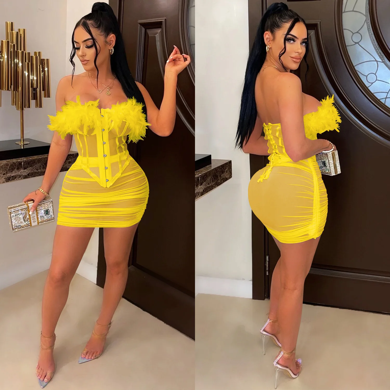 Sexy Women Feather Two Piece Set Strapless Shirt + Mini Skirt Dress Sheer Mesh Party NIght Clubwear Dresses For Women Outfit