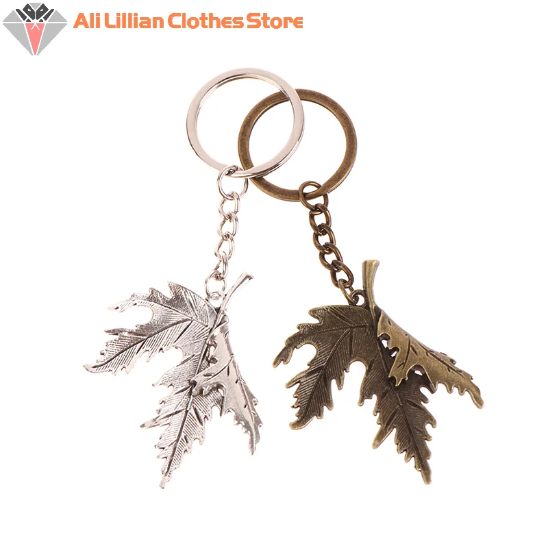 

Fashion Key Ring Metal Key Holder Keychain Jewelry Antique Gold Color Bronze Silver Color Plated Folding Maple Leaves Pendant