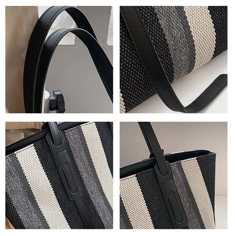 Large Capacity Canvas Tote Shoulder Bags For Women New Luxury Stripes Ladies Handbag Female Big Shopper Bag Purses Free Shipping