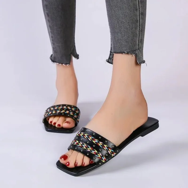 

2024 Summer New Large Size Women Shoes Fashion Woven Striped Comfort Flat sole Casual Slippers Shoesfor Women Zapatos De Mujer