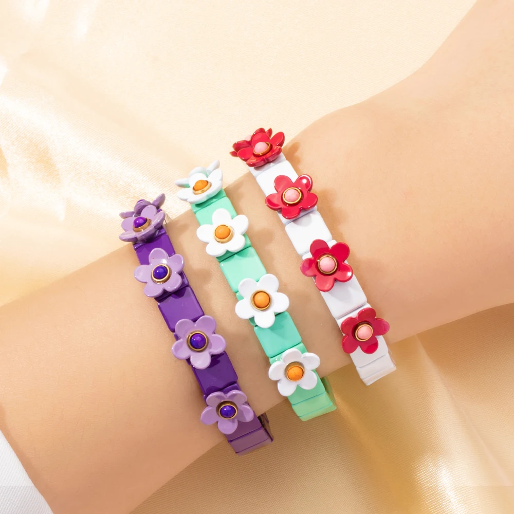 BEUTIFOR Hot Sales Handmade 8*8mm Square Enamel Bracelet for Women Colorful Flower Painted Beads Bangles 2024 Fashion Jewelry