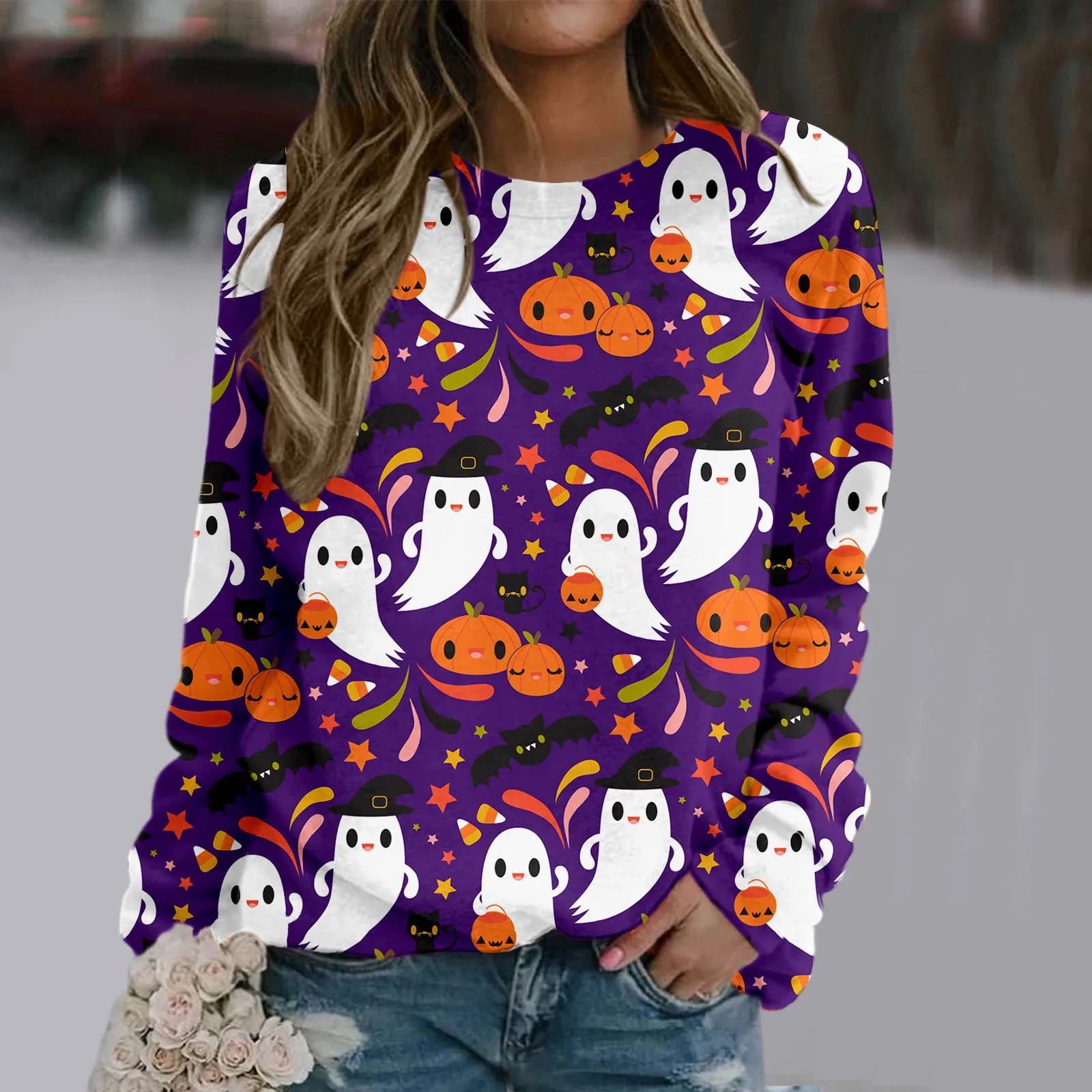 

Hoodless Sweatshirts For Women Womens Casual Halloween Crewneck Sweatshirts Long Sleeve Cute Tunic Tops Loose Fitting Pullovers