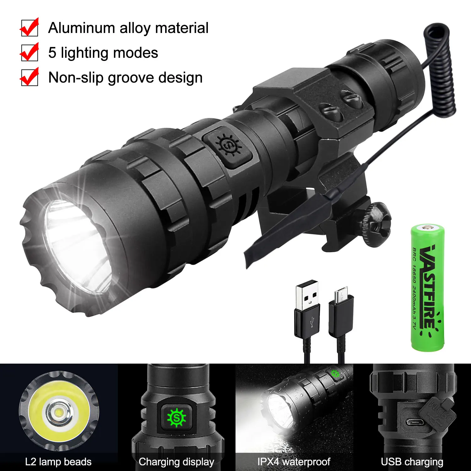 

Professional 10W L2 LED Hunting Flashlight USB Rechargeable Tactical Torch 5 Mode Lantern+Rifle Scope Mount+Switch+18650+Charger