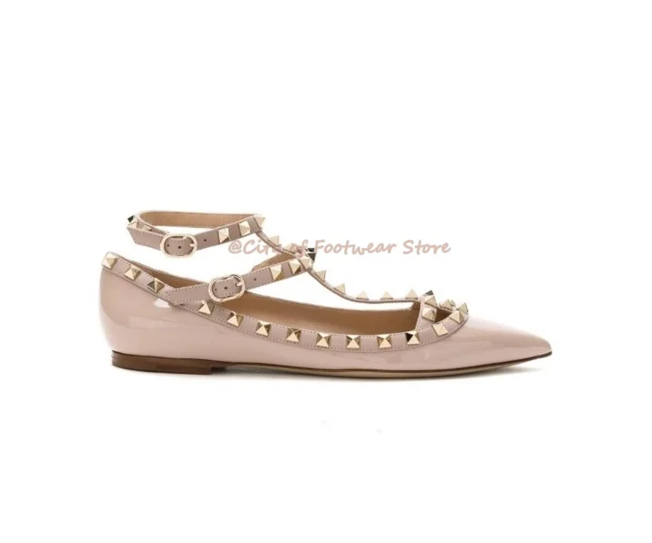 

Ankle Strap Cream Pointed Toe Studed Flat Sandals Shallow Leather Calf Skin Black Rivets Sandal Women luxury Designer Shoes