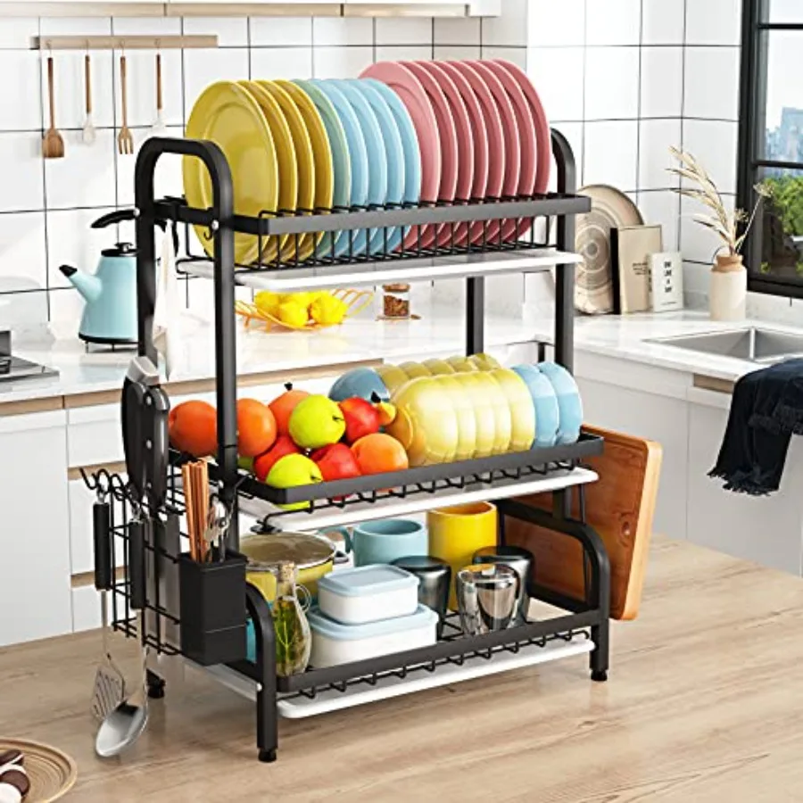 Drying Rack Metal 3Tier Large Capacity Dish Rack with Utensil Holder Cutting Board Holder Drain Board Tray for Kitchen Counter