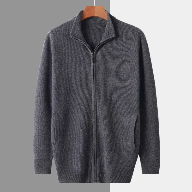Men's autumn and winter knitted cardigan, gold ingot needle, semi high neck, zipper, loose sweater jacket, 100% wool 3