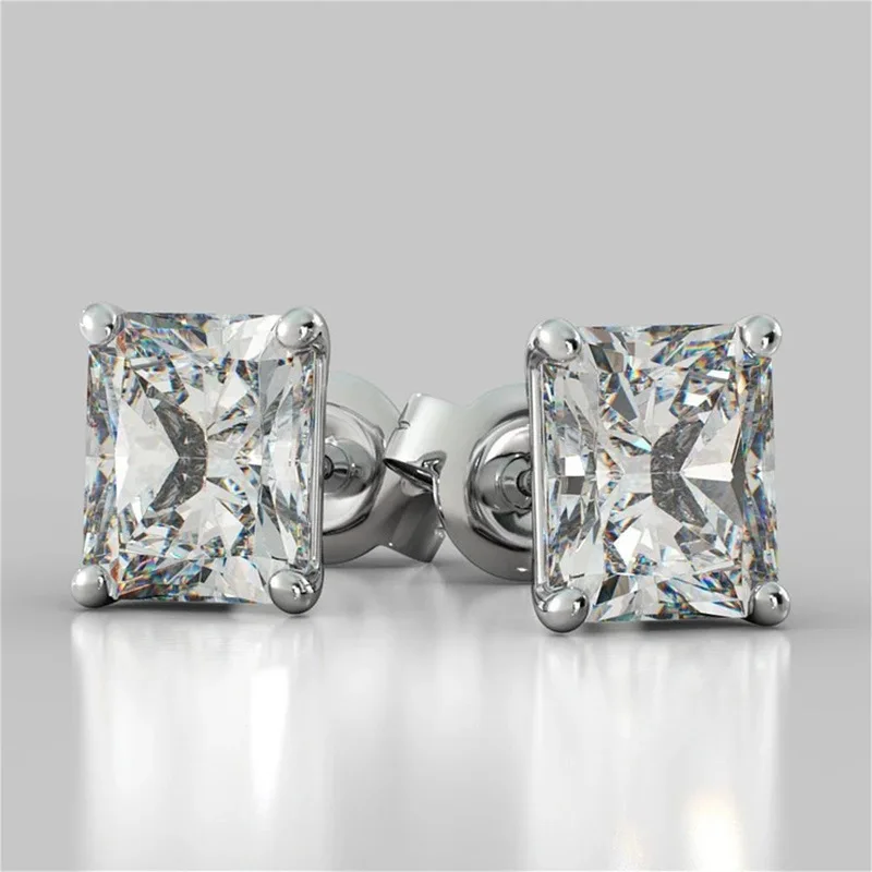 S925 Silver Fashion High Carbon White Diamond Main Diamond 1 Carat Diamond Rectangular Diamond Earrings Female