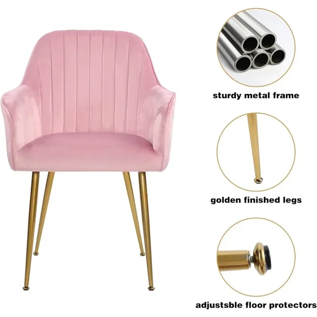 Pink Set of 2 Velvet Dinning Chairs Upholstered Accent Chairs with Gold Plating Legs for Living Room Chairs 6
