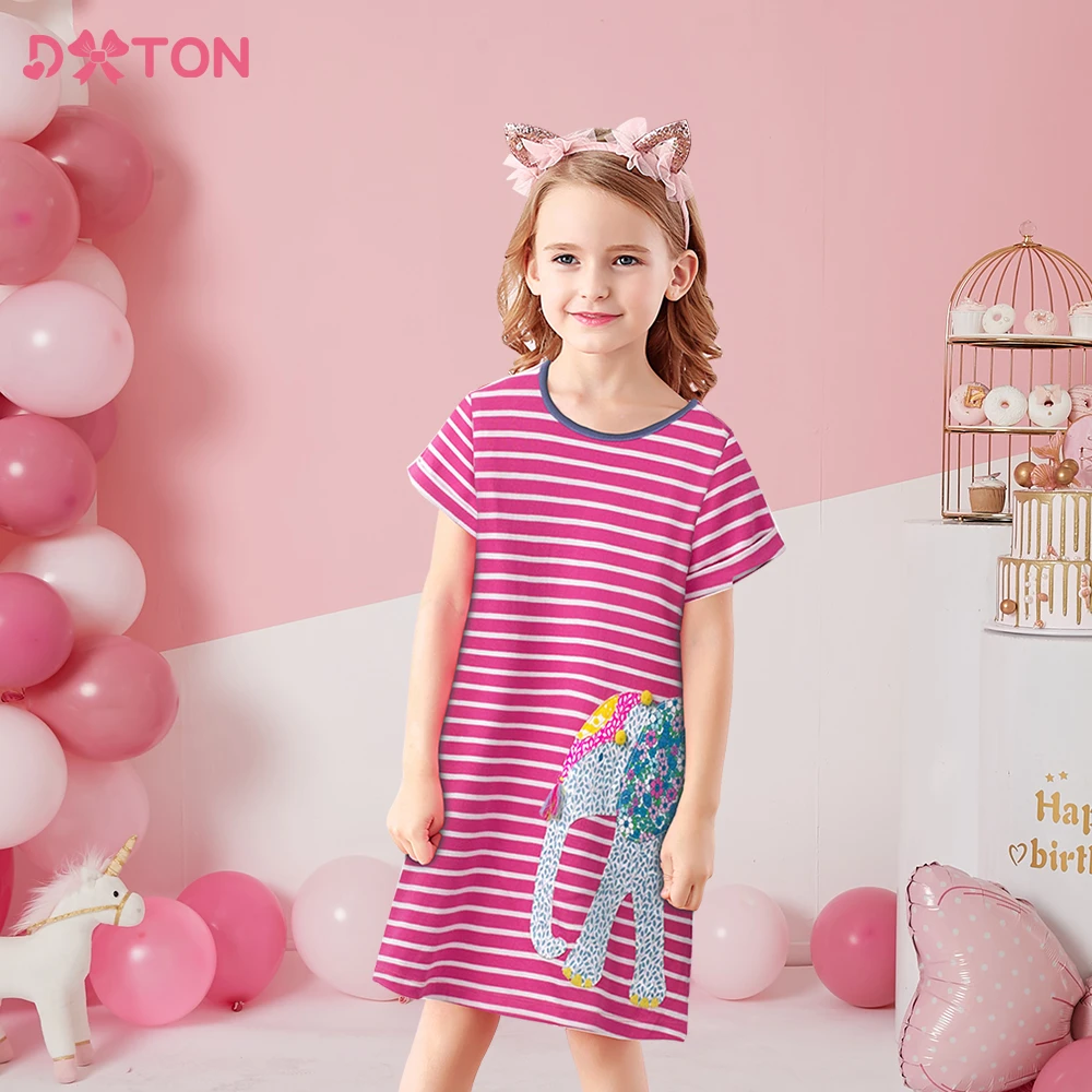 Dxton Girls Elephant Appliqued Dress Kids Summer Cotton Short Sleeve ...