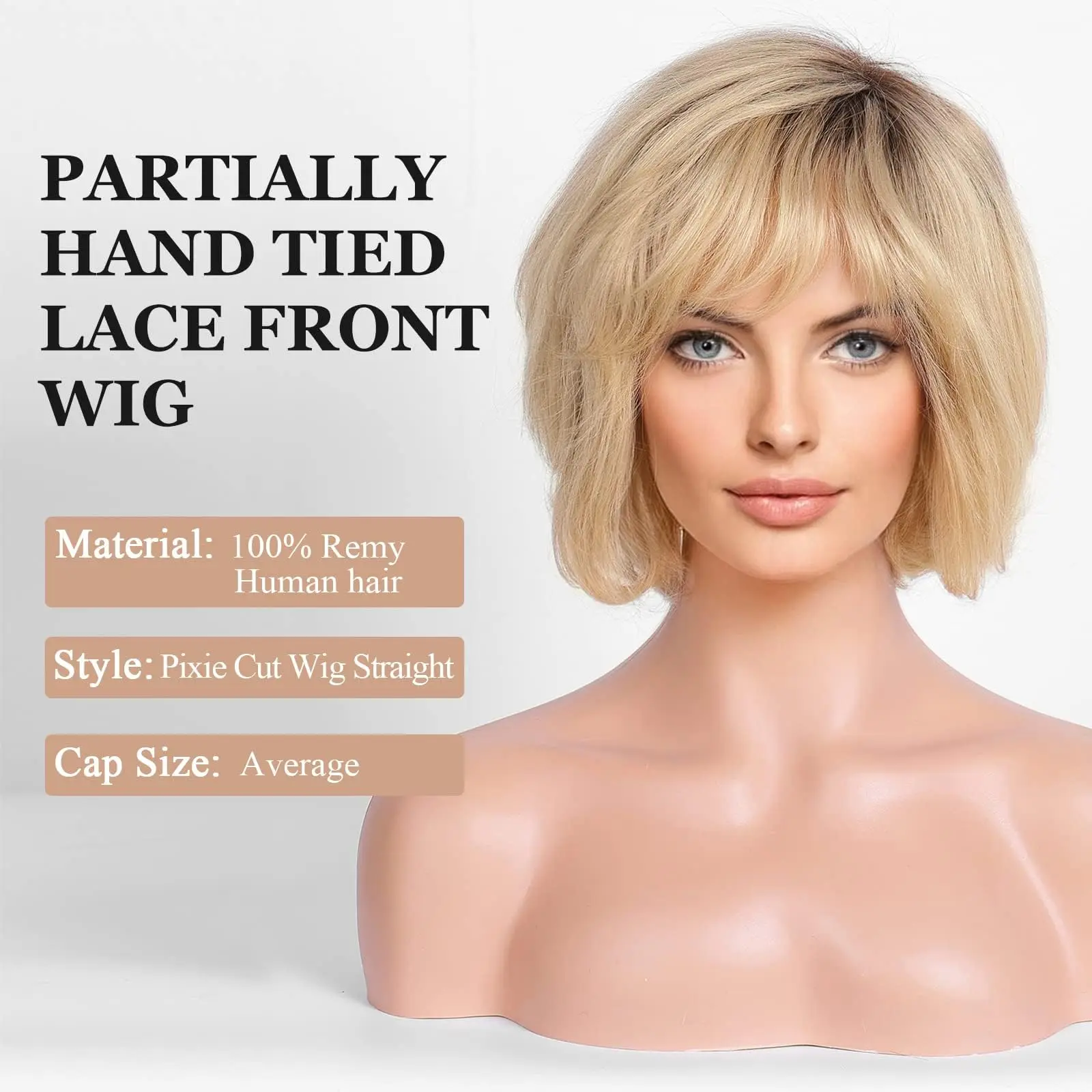 Human Hair Transparent Lace Front Wigs Light Golden Blonde Remy Human Hair Wig with Bangs Dark Root Short Wavy Bob Wig for Women Human Hair Wigs