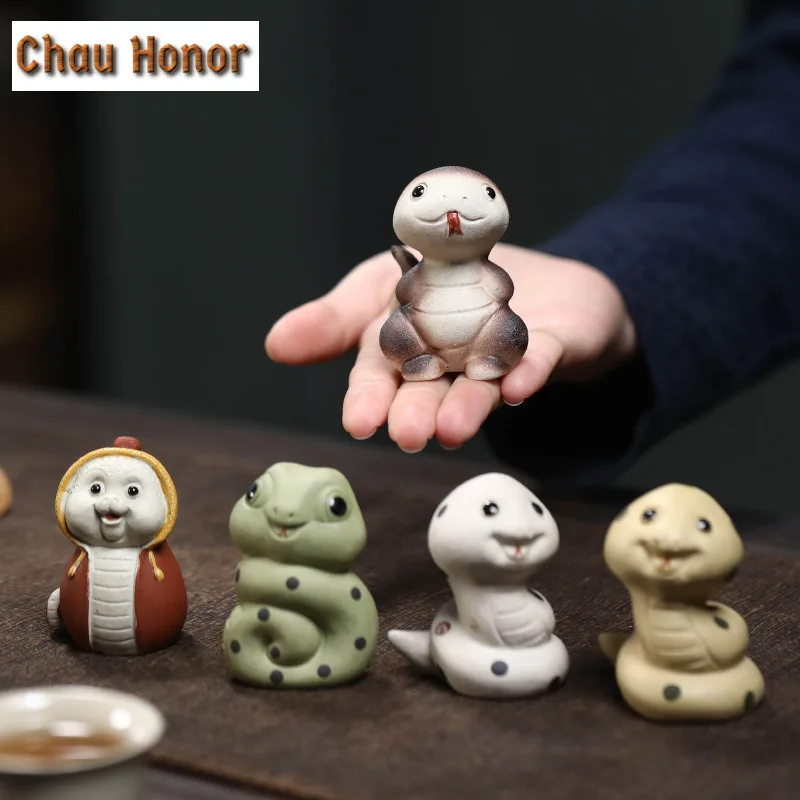 Yixing Purple Clay Tea Pet Zodiac Snake Statue Cute Spirit Ornaments Animal Tea Figurine Handmade Sculpture Crafts Home Tea Set
