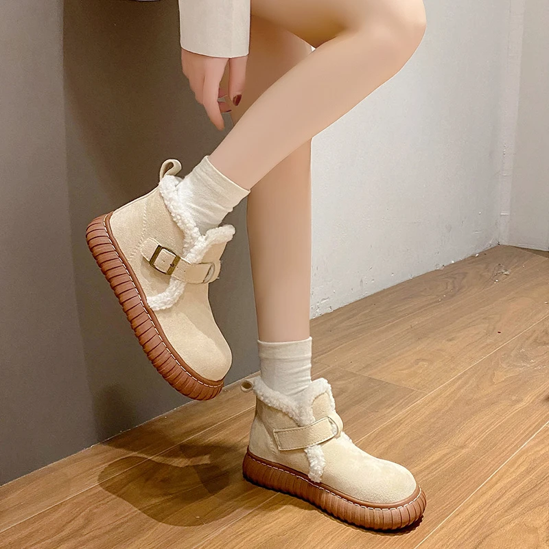 Aphixta Buckle Dec 4cm Chunky Heel Women Warm Snow Boots Sneaker Shoes Short Plush Ladies Footwear botas de invierno para mujer