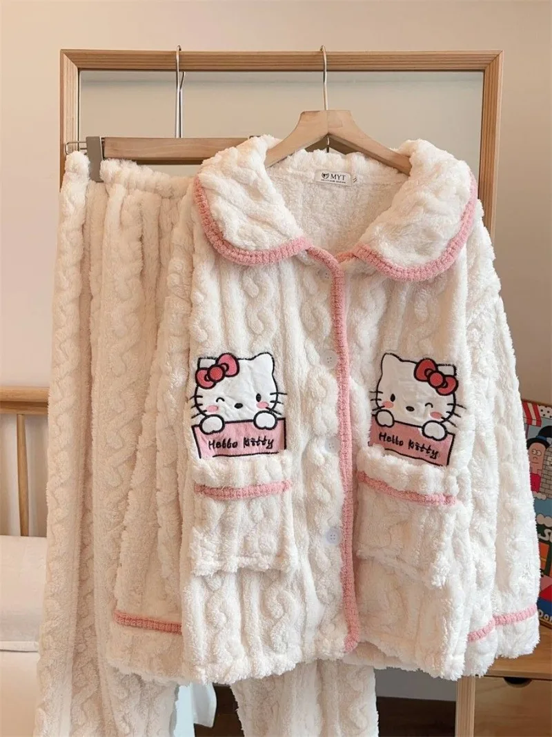 Hello Kitty Pajama Anime Coral Velvet Female Sweet Plus Velvet Thicken Keep Warm Loungewear Set