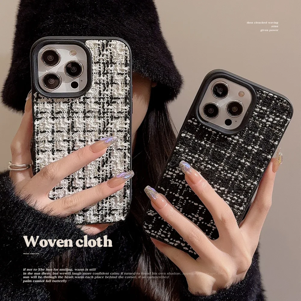 Luxury Woven Pattern Cloth Phone Case For iPhone16 15 14 13 12 11 Pro Max Plus Soft Shockproof Bumper Cases Cover