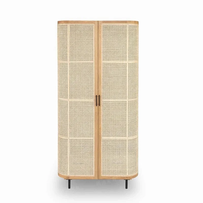 

Solid Wood Rattan Wardrobe Double-Door Small Apartment Single Minimalist Storage Double Door Log Breathable