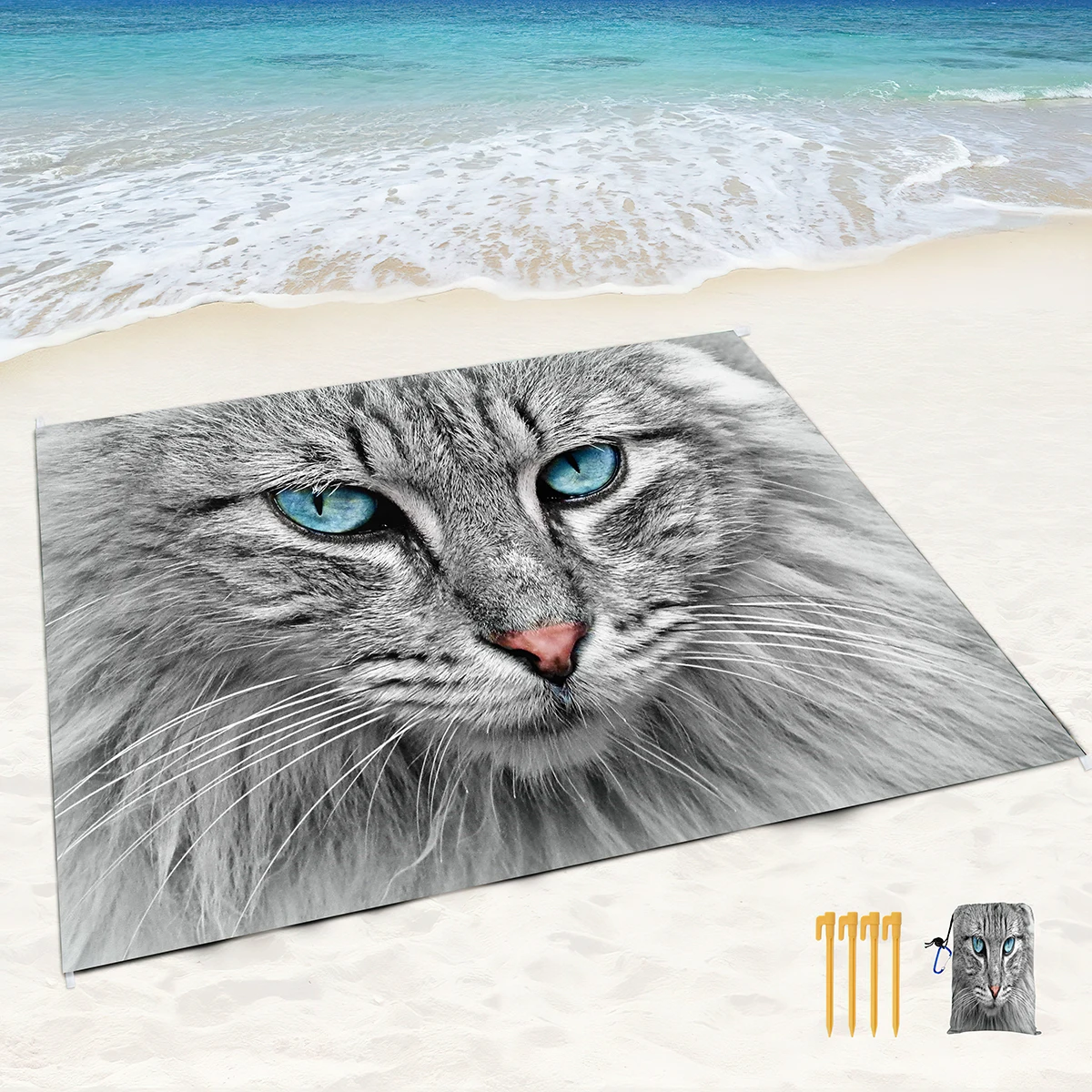 

Handsome Cat Print Beach Blanket,Picnic Blanket Sandproof Compact Lightweight Portable Waterproof Mat for Travel Hiking Vacation