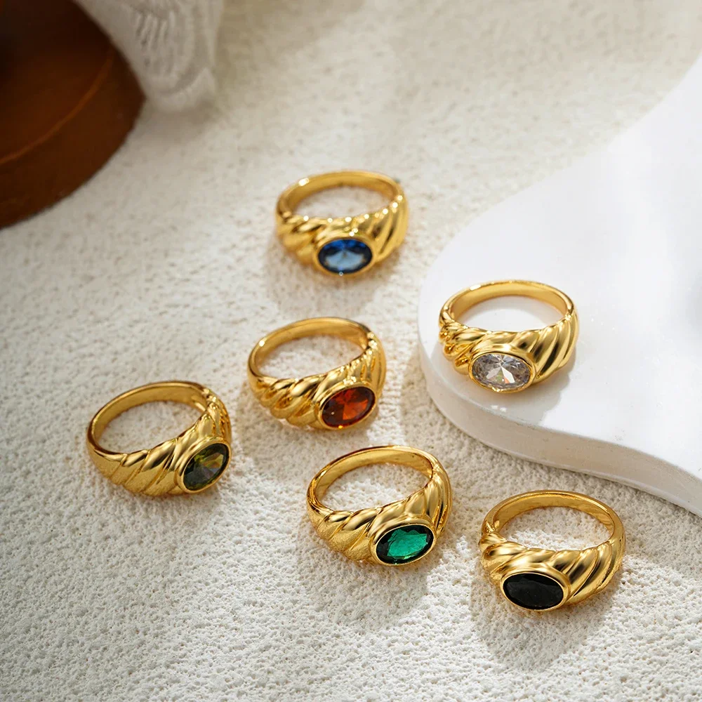 18K Gold Plated Multicolour Shining Oval Crystal Rings for Women Hypoallergenic CZ Zircon Finger Ring Vintage Jewelry Wholesale