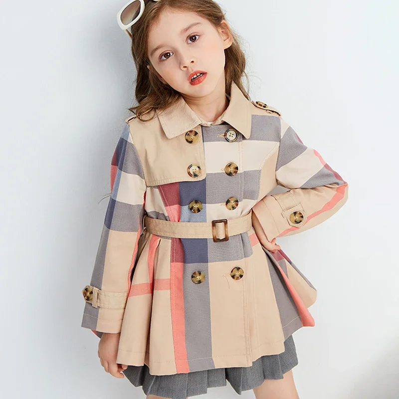

Spring Autumn Girls Trench Coat Teenage Long Sleeve Trench Jacket Double Breasted Belted Windbreaker Kids Plaid Coat 2-12Y