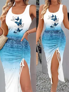 Abito estivo aderente da donna Abito sexy con scollo a barchetta con coulisse e spacco Abito da vacanza senza maniche con stampa floreale alla moda 1