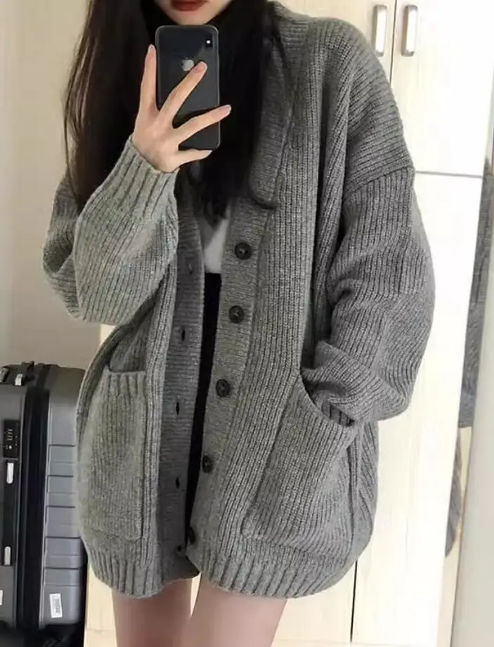 

New Casual Loose Fitting Long Sleeved Solid Color Cardigan Knitted Sweater For Women
