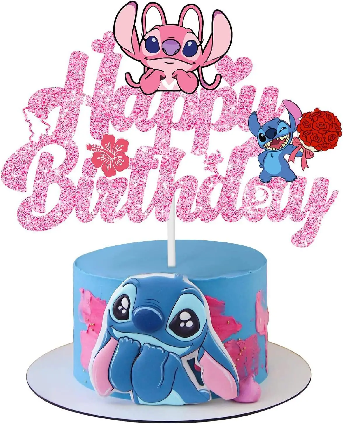 Украшения для детского дня рождения Lilo & Stitch Pink Блестящий Топпер для торта с надписью Happy Birthday двусторонние