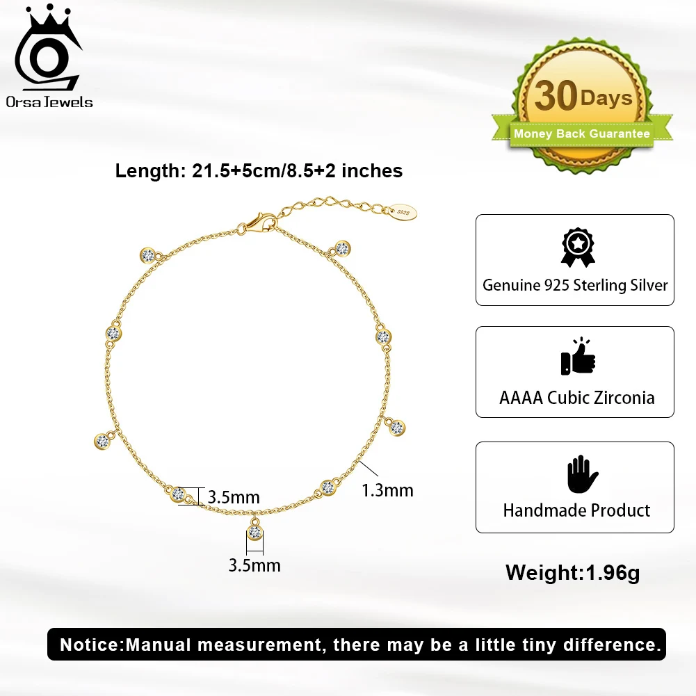 ORSA JEWELS 14K Gold 925 Sterling Silver Brilliant Zircon Stone Anklet for Women Adjustable Summer Foot Chains Jewelry SA70