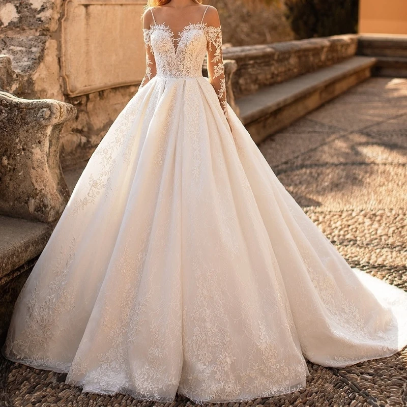 

Sexy Sweetheart Appliques Lace Court Train A-Line Wedding Dress 2024 Classic Off the Shoulder Long Sleeve Princess Bridal Gown