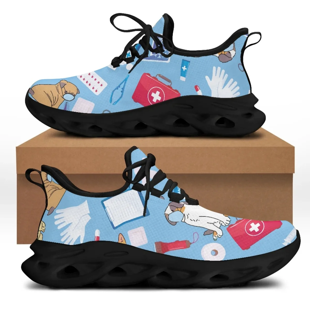Yikeluo Cute Dog Love Medical Box Printed Nurse Shoes Mesh Swing Sneakers for Ladies Breathable Outdoor Running Shoes Zapato
