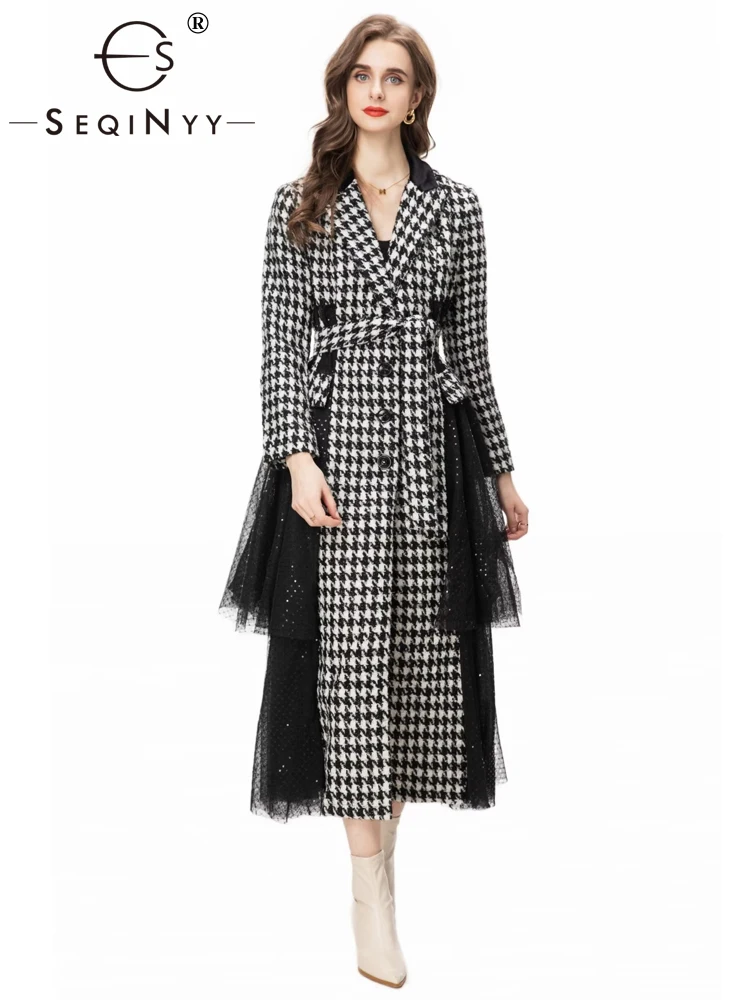 

SEQINYY Thick Long Coat Autumn Winter New Fashion Design Women Runway Sequined Black Mesh Tweed Belt Office Lady Plaid Elegant