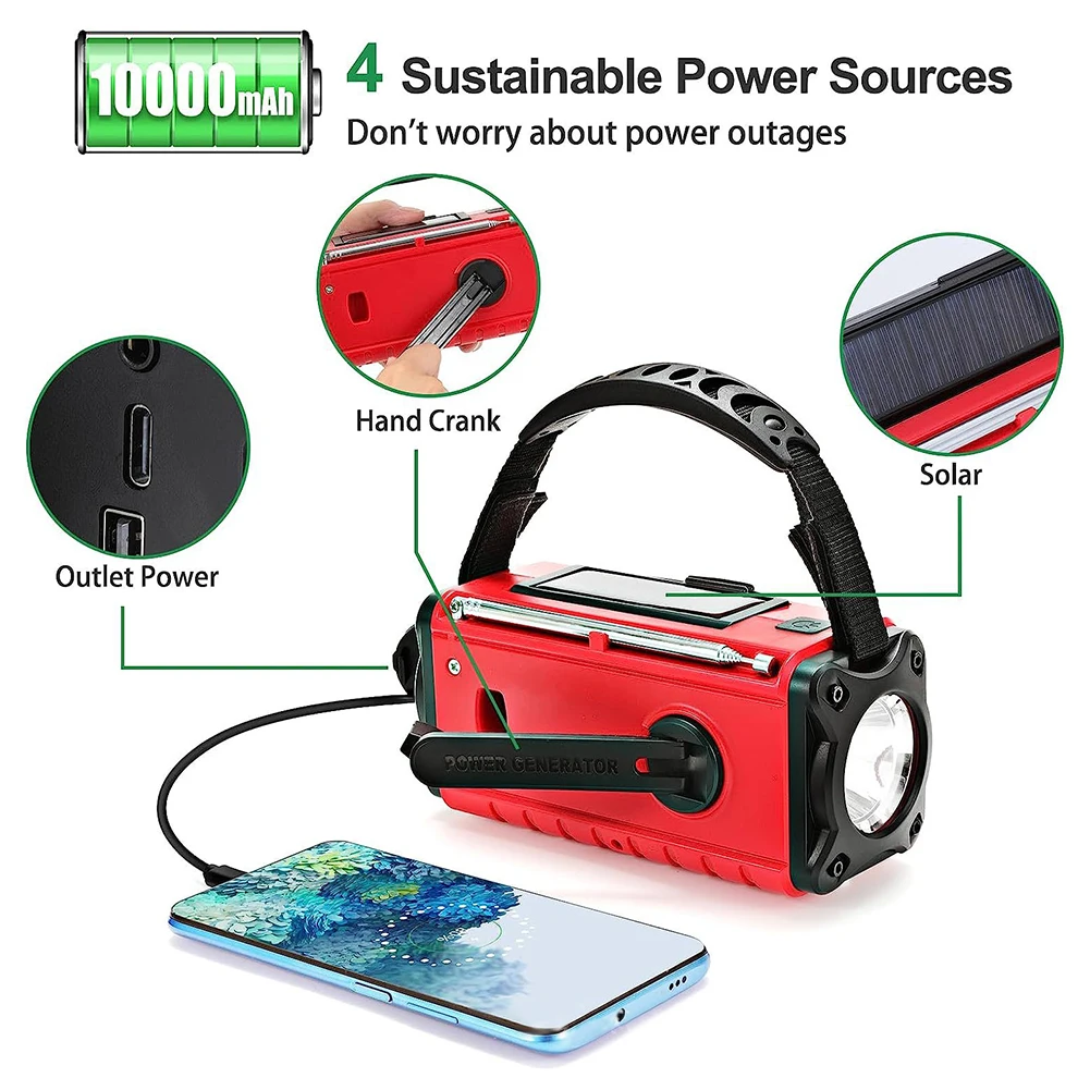 휴대용 핸드 크랭크 태양광 라디오, USB 충전 LED 손전등, 보조배터리 충전식 램프, AM FM NOAA 기상 라디오, 10000mAh