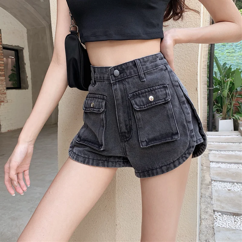 

Korean Work Clothes Denim Shorts For Women High Waist Pocket Loose Wide Leg Baggy Jeans Shorts Women's Streetwear