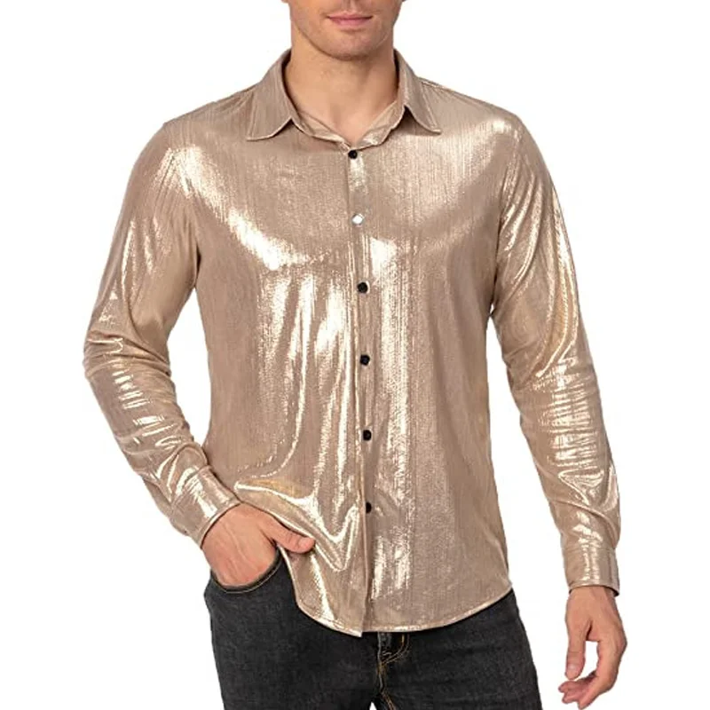 

Mens Shiny Long Sleeve Dress Shirts For Party Wedding 70's Disco Metallic Cosplay Christmas Halloween Clothing Banquet Chemise