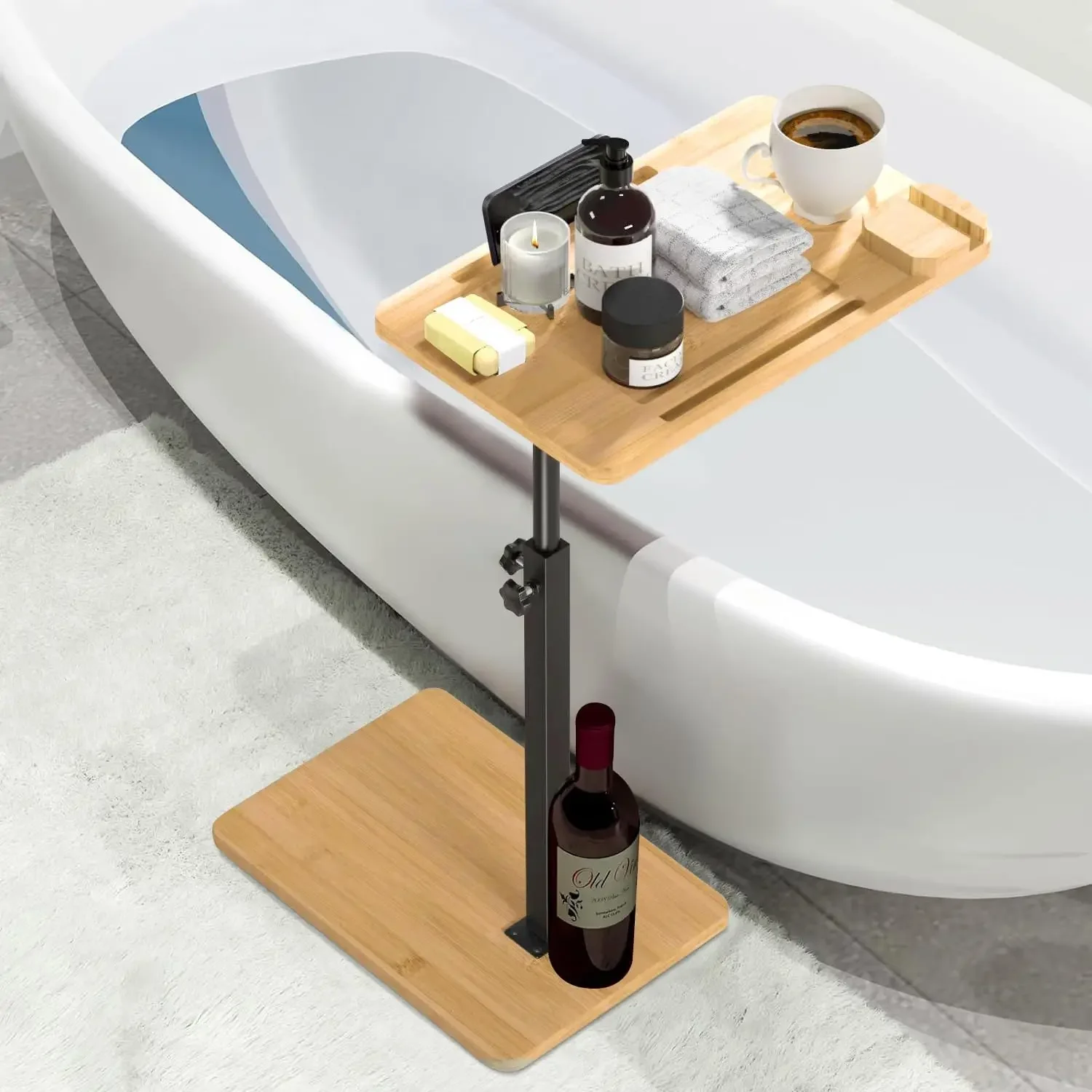 Bathtub Side Tray,Height Adjustable Bamboo Bathtub Tray Table,Freestanding Bath Caddy Tray for Tub Side Table Home Spa