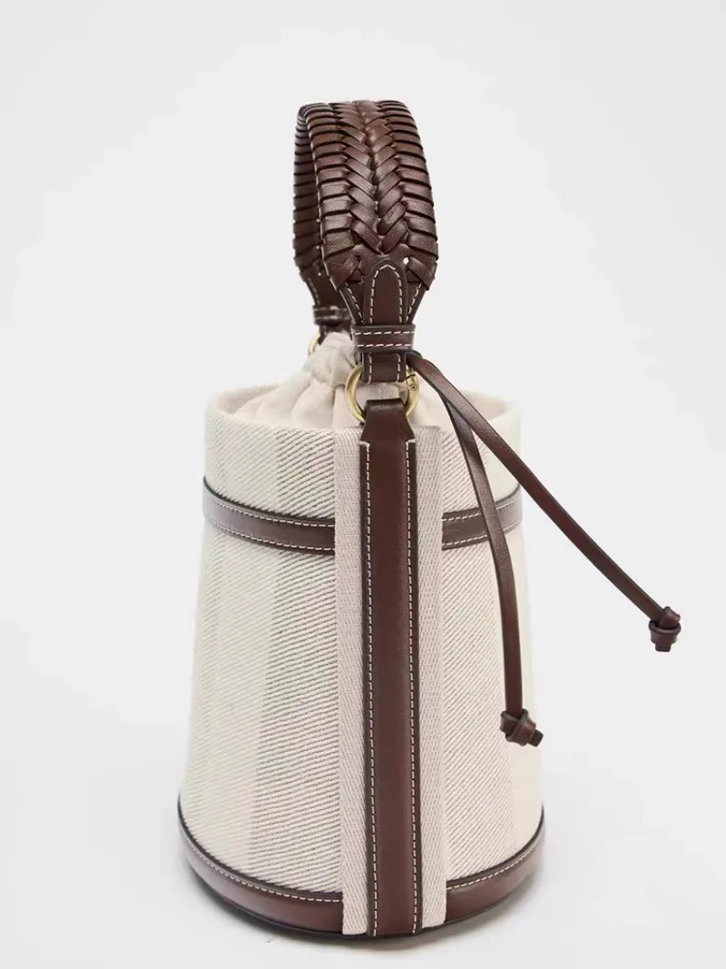 Fashion stripe Canvas Bucket Bag Designer Women Handbags Luxury Pu Leather Shoulder Crossbody Bags with Wide Strap Tote Purses