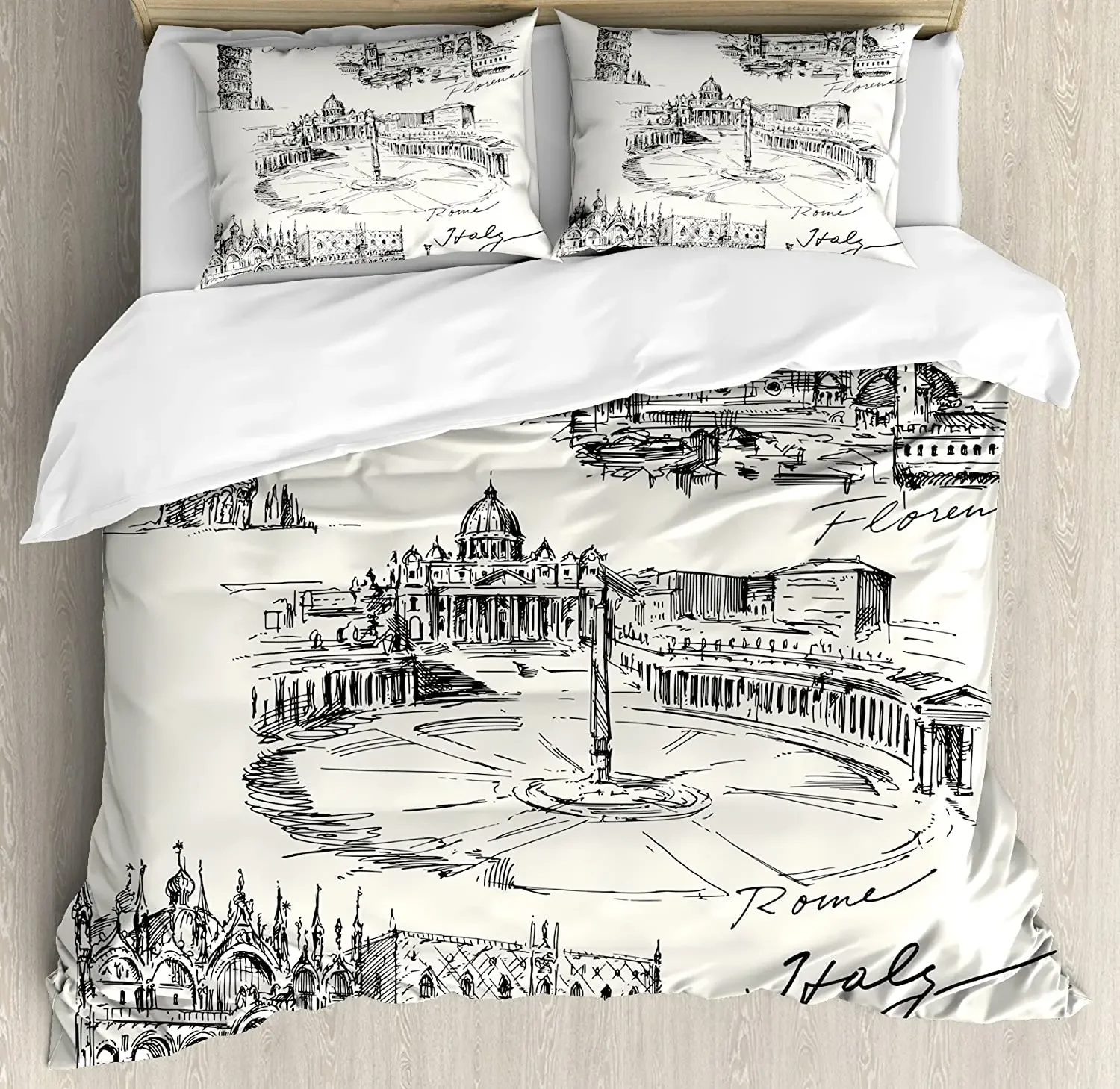 

Sketchy Bedding Set Comforter Duvet Cover Pillow Shams Travel the World Themed Historical Italian L Bedding Cover Double Bed Set