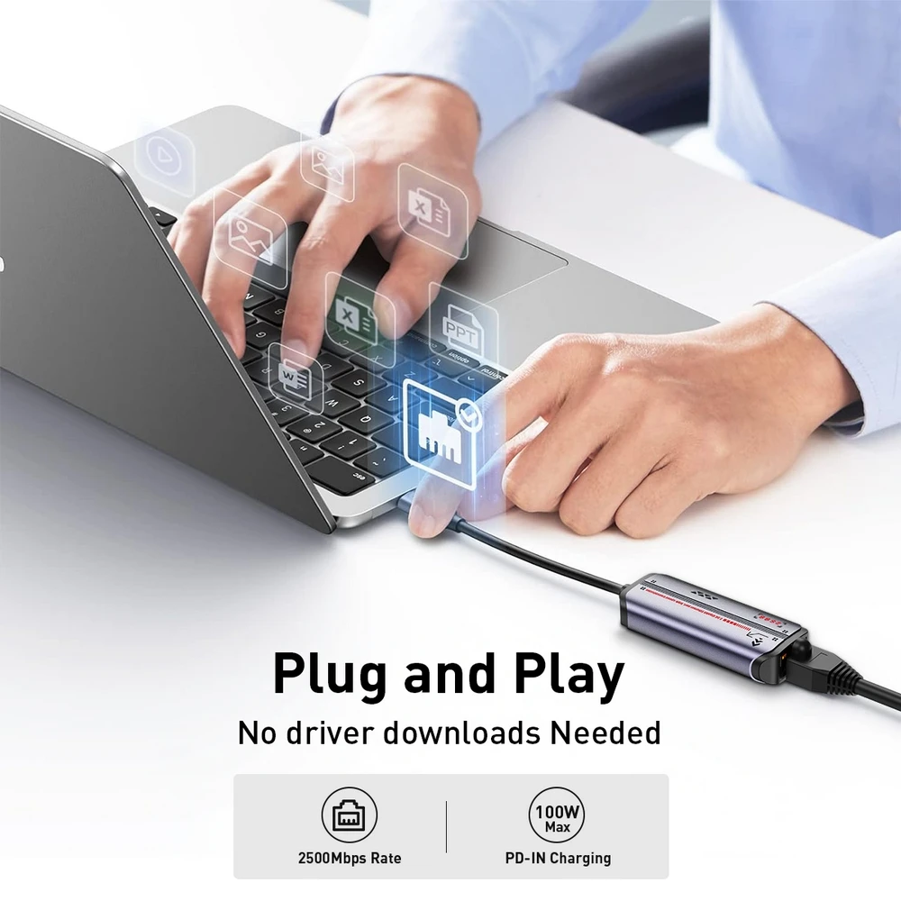 2.5G USB C 이더넷 어댑터 2.5Gbps/1000Mbps RJ45 PD 100W 충전 알루미늄 컴팩트 노트북 태블릿 데스크탑 게임 작업 여행용