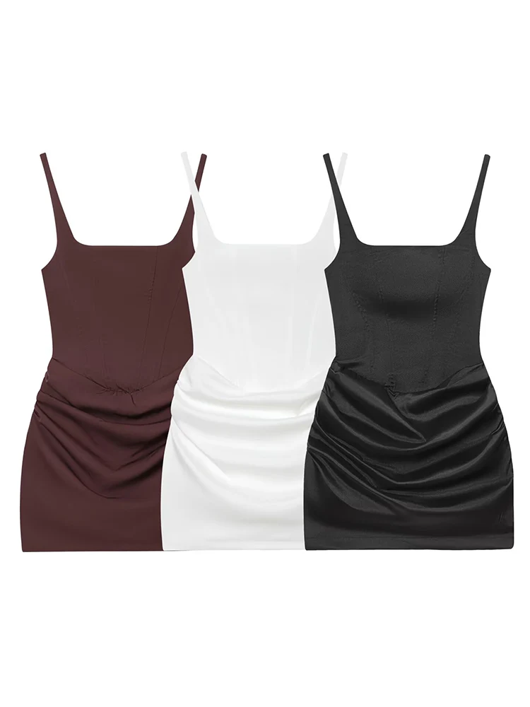 Summer Pleated Sling Mini Dress For Women Fashion U-neck Sleeveless Backless Bandage Dresses Elegant Slim Fit Club Party Gown