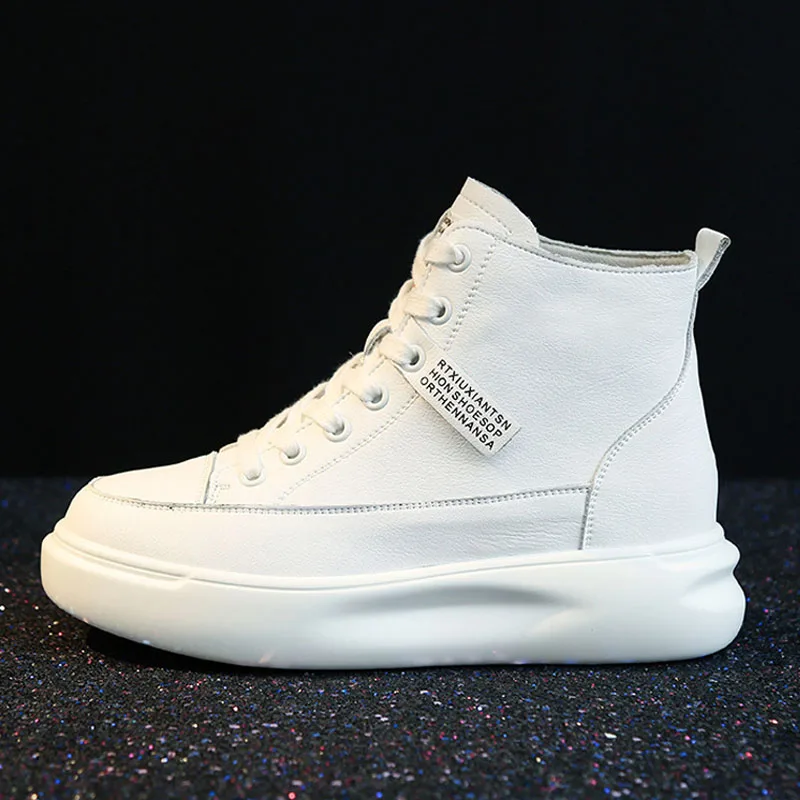 

Leather Small White Shoes Thick Soles Plus Velvet Women's Shoes Autumn All-match High Top Shoes Female Students Casual