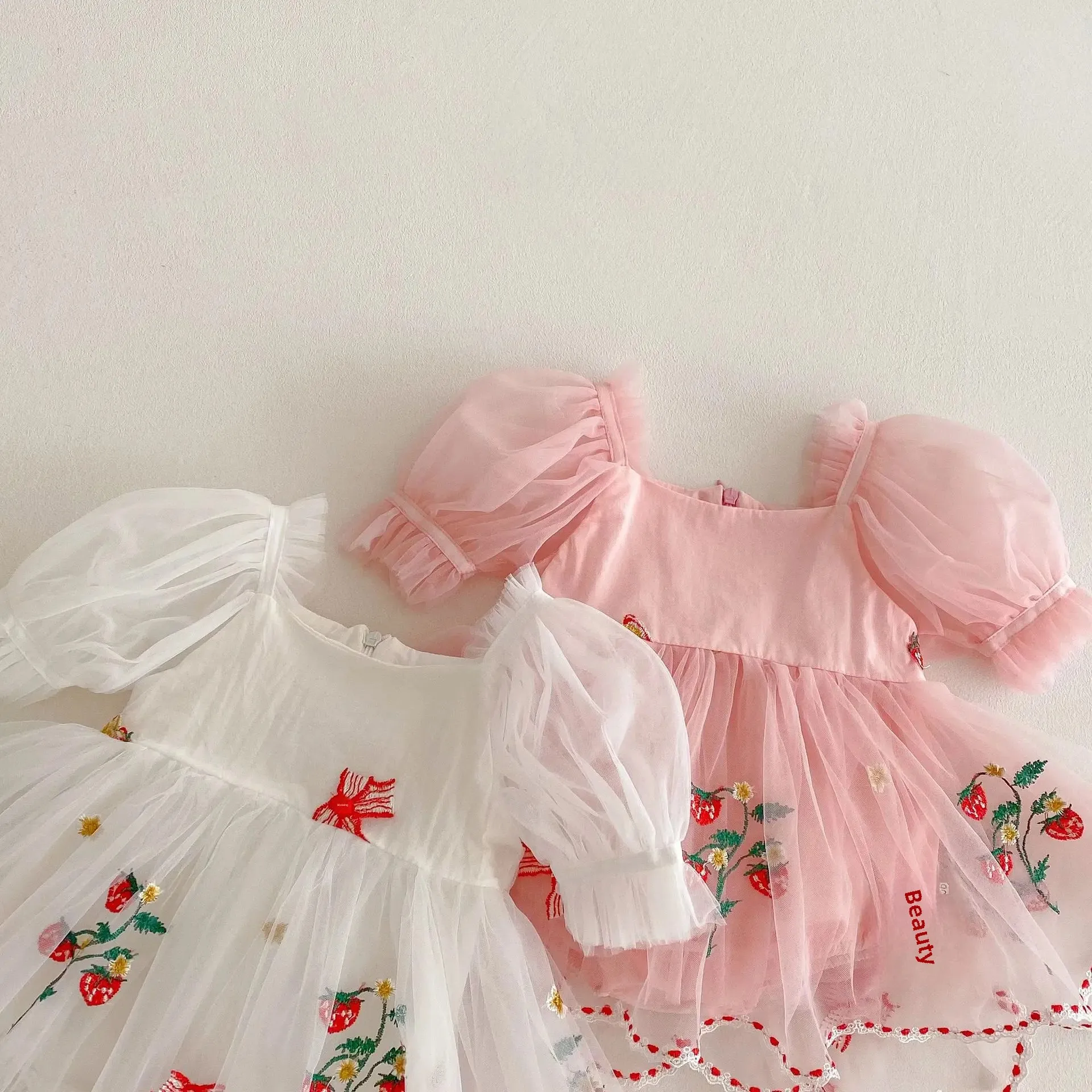 Princess Style Embroidered Butterfly Knot Net Skirt Baby Girl Outfit Summer Bubble Sleeve Bib Overalls Cotton Crawling Suit