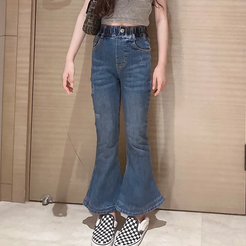

Girls High Waist Slim Jeans Casual For Kids Ankle-length Flare Cowboy Trousers Korean Vintage Skinny Denim Pants Children