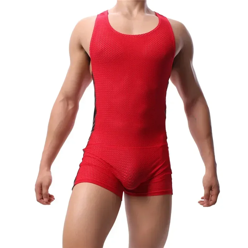 Sleeveless Men's Bodysuit Athletic Fitness Wrestling Singlet Mesh Breathable Leotard Sport Jumpsuit One-piece Mens Undershirts
