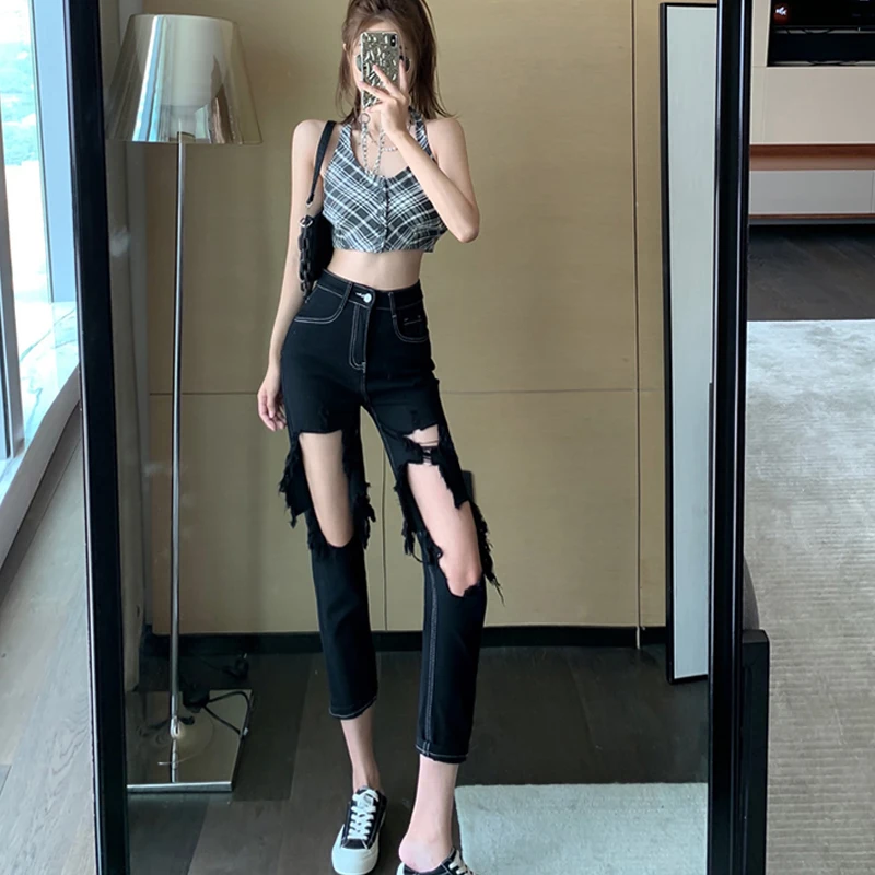 홀 할로우 아웃 데님 와이드 레그 팬스트 여성용, 하이웨스트 미니멀리스트 지퍼 루즈핏 청바지, 새로운 패션