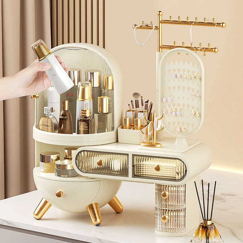 

Dustproof Makeup Organizer High-end Dressing Table Cosmetics Storage Box Desktop Jewelry Skincare Product Integrated Organizer