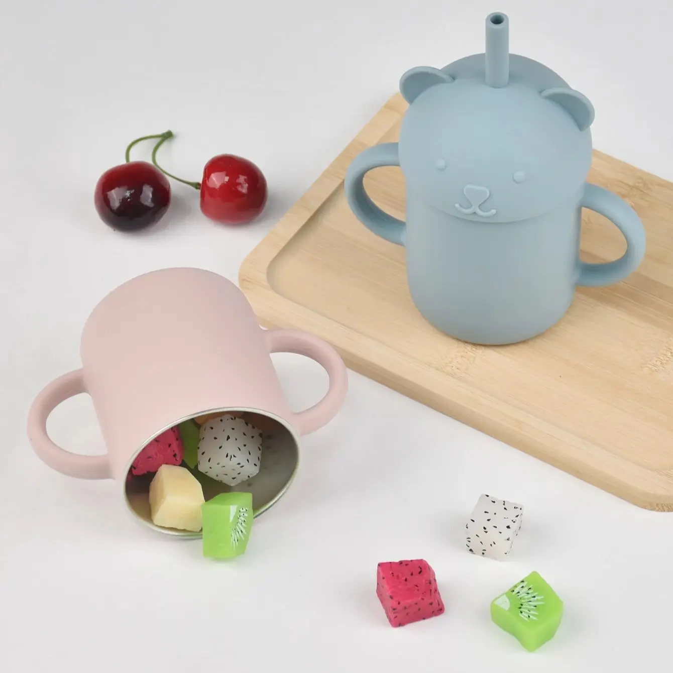 귀여운 곰 모양 밀짚컵, 250ML 스테인리스 스틸 라이너, 어린이용 뚜껑이 있는 이중벽 실리콘 텀블러, 용 컵