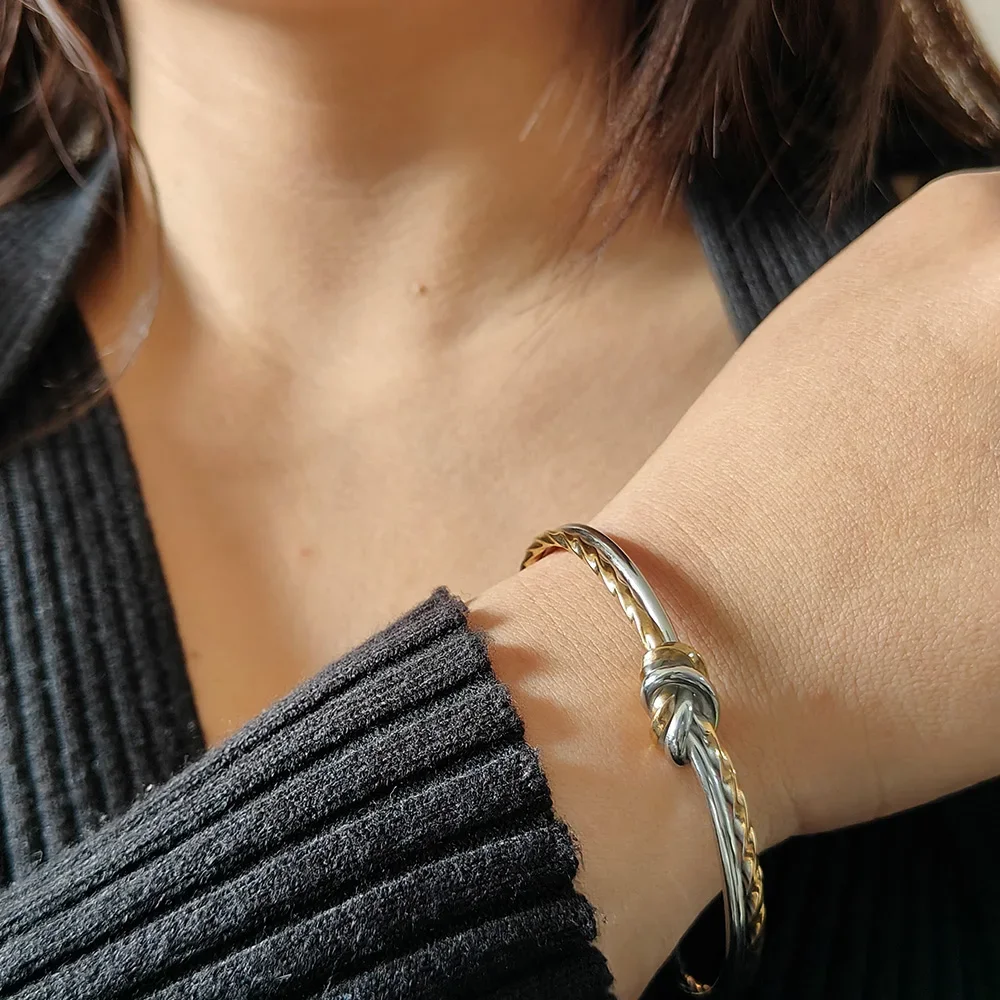 New C-shaped Knot Double Color Braided Wrap Bangles for Women Stainless Steel Jewelry Gold Silver Bracelets Valentine's Day Gift 5