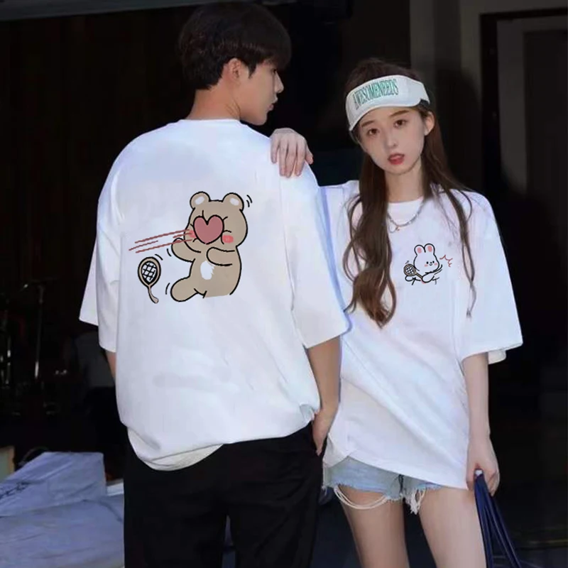 남녀공용 스포츠 곰 프린트 커플 티셔츠, 하이 퀄리티 코튼 티셔츠, 여름 반팔 세트, 한 쌍 의류, 240g